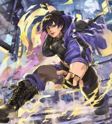  1girl absurdres black_boots black_gloves black_hair boots brown_pantyhose chain-link_fence city collar fence fingerless_gloves gloves highres hood hooded_jacket jacket looking_at_viewer moon multicolored_hair multicolored_jacket outdoors pantyhose purple_hair purple_jacket reina_(tekken) sep_rina short_hair smile solo tekken tekken_8 two-tone_hair violet_eyes yellow_fire 