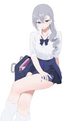  1girl absurdres alternate_costume bag black_skirt blue_bow blue_bowtie blue_cardigan bow bowtie breasts cardigan cardigan_around_waist cellphone clothes_around_waist commentary crossed_arms crossed_legs ear_piercing grey_eyes grey_hair gyaru hair_between_eyes highres holding holding_phone honkai:_star_rail honkai_(series) long_hair looking_at_viewer open_mouth phone piercing ringlets school_bag shirt silver_wolf_(honkai:_star_rail) simple_background sitting skirt sleeves_rolled_up smartphone socks solo unoimy white_background white_shirt white_socks 