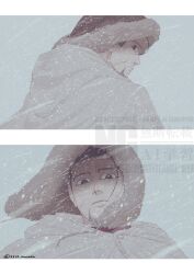  1boy black_eyes black_hair cape closed_mouth commentary_request fur-trimmed_headwear fur_trim golden_kamuy hat highres hood hooded_cape looking_at_viewer murata_miku ogata_hyakunosuke outdoors scar scar_on_cheek scar_on_face short_hair snowing watermark white_cape winter 