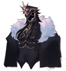  1boy black_hair black_jacket black_vest capitano_(genshin_impact) commentary covered_face english_commentary fur_trim genshin_impact hair_over_shoulder helmet highres jacket lapel_chain long_hair male_focus open_clothes open_jacket rhaastyogurt solo upper_body vest 