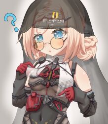  1girl ? absurdres bare_shoulders black_groza_(girls'_frontline_2) black_leotard black_veil blonde_hair blue_eyes blush bodysuit braid breasts confused cosplay covered_navel curious double_bun girls'_frontline_2:_exilium girls_frontline gloves hair_bun hair_ornament hairclip hands_up highleg highleg_leotard highres kuronukkkkko leotard medium_breasts medium_hair mp5_(girls'_frontline) multiple_braids ots-14_(girls'_frontline) ots-14_(girls'_frontline)_(cosplay) peri_(girls'_frontline_2) see-through_clothes see-through_veil skin_tight solo sunglasses twintails upper_body veil 