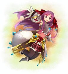 1girl arianna_caledonia boots brown_pantyhose chest_guard commentary_request full_body gloves grey_boots hair_ribbon haruyasai_(sanbunno) highres long_hair looking_at_viewer open_mouth outstretched_arm pantyhose purple_hair red_ribbon red_skirt ribbon sekaiju_no_meikyuu shin_sekaiju_no_meikyuu_2 skirt smile solo teeth upper_teeth_only violet_eyes white_gloves