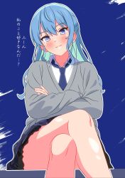 absurdres bare_legs blue_background blue_eyes blue_hair blue_necktie blue_skirt blush collared_shirt commentary_request crossed_arms crossed_legs facing_viewer flat_chest grey_sweater hair_between_eyes highres hololive hoshimachi_suisei long_hair long_sleeves looking_at_viewer loose_necktie miniskirt necktie pleated_skirt shinonome_sakura shirt simple_background sitting skirt star_(symbol) star_in_eye sweater symbol_in_eye translation_request undone_collar v-neck virtual_youtuber white_shirt 