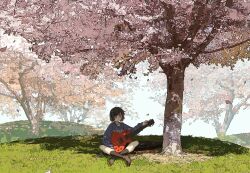  1girl bang_dream! bang_dream!_girls_band_party! black_hair black_socks blue_sweater brown_shoes cherry_blossoms clothes_writing commentary_request crossed_ankles electric_guitar falling_petals full_body gibson_les_paul grass guitar highres hill indian_style instrument kalsept kneehighs long_sleeves mitake_ran multicolored_hair on_ground outdoors petals pink_petals red_streaks shoes short_hair sitting socks solo streaked_hair sweater tree tree_shade violet_eyes wide_shot 