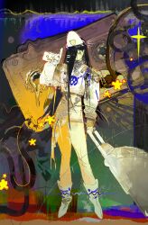  1girl absurdres black_hair cassette_tape commentary full_body hair_over_one_eye hat highres holding_cassette linween long_hair police police_hat police_uniform policewoman rolling_suitcase solo suitcase the_ring untranslatable_commentary yamamura_sadako 