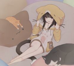  1girl animal bare_legs barefoot black_eyes black_hair blush cat cat-shaped_pillow cat_tail collarbone commentary_request full_body highres hood hood_up hoodie korean_commentary long_hair long_sleeves looking_at_viewer open_mouth original sitting smile snowmya solo tail white_hoodie 