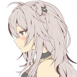  1girl ahoge animal_ear_piercing animal_ears black_shirt blush commentary_request grey_eyes grey_hair highres hololive kextukkii lion_ears lion_girl long_hair profile shirt shishiro_botan shishiro_botan_(1st_costume) sleeveless sleeveless_shirt smile solo very_long_hair virtual_youtuber white_background 