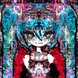  1girl abstract_background absurdres blue_hair commentary_request glitch_art hatsune_miku highres hilty looking_ahead looking_at_viewer open_mouth solo straight-on twintails upper_body vocaloid 