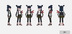  1boy black_eyes black_hair black_leggings camouflage camouflage_shorts character_name chinese_text commentary_request double_bun full_body grey_background hair_bun highres leggings leggings_under_shorts male_focus multiple_views nezha_(the_legend_of_luo_xiaohei) official_art reference_sheet shorts simple_background the_legend_of_luo_xiaohei turnaround 