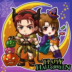  1boy 1girl akimiiiii alternate_costume bare_pectorals beard brown_eyes brown_hair candy chibi chibi_only commentary_request crescent_moon dorcas_(fire_emblem) dorcas_(halloween)_(fire_emblem) facial_hair fake_horns fire_emblem fire_emblem:_the_blazing_blade fire_emblem_heroes food halloween halloween_bucket halloween_costume happy_halloween hat highres horns jack-o'-lantern looking_at_viewer mini_hat moon natalie_(fire_emblem) o-ring official_alternate_costume pectorals red_facial_hair red_hair tail variant_set witch_hat 