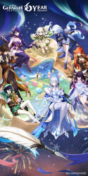  3boys 6+girls aether_(genshin_impact) anastasya_feodorovna_snezhnaya asymmetrical_gloves bare_shoulders beer_mug biker_clothes black_bodysuit black_gloves black_hair black_shoes blonde_hair blue_eyes blue_hair blue_hat bodysuit braid bright_pupils closed_eyes closed_mouth colored_inner_hair columbina_(genshin_impact) commentary cross-shaped_pupils crystal_earrings cup detached_collar dress drop-shaped_pupils earrings elbow_gloves english_commentary eye_mask floating_hair furina_(genshin_impact) genshin_impact gloves gold_bangle gradient_hair green_eyes green_hair grey_hair hair_between_eyes hair_ornament hat heterochromia high_heels highres holding holding_cup holding_unworn_clothes holding_unworn_hat japanese_clothes jewelry kimono knee_up kokoshnik long_hair long_sleeves looking_at_another lumine_(genshin_impact) luonnotar_(genshin_impact) mask mavuika_(genshin_impact) mismatched_gloves mismatched_pupils mole mole_under_eye mug multicolored_hair multiple_boys multiple_girls nahida_(genshin_impact) obi official_art open_mouth paimon_(genshin_impact) pantyhose pointy_ears purple_hair purple_kimono purple_thighhighs raiden_shogun red_eyes red_hair sandals sash shoes shorts sitting smile snowflake_earrings socks standing sun_earrings symbol-shaped_pupils thigh-highs thigh_strap top_hat unworn_hat unworn_headwear venti_(genshin_impact) very_long_hair violet_eyes white_dress white_gloves white_hair white_pantyhose white_pupils white_shorts white_socks wing_hair_ornament zhongli_(genshin_impact) zipper_pull_tab 