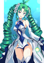 1girl antenna_hair blue_dress boots breasts ceros clothing_cutout commentary_request detached_sleeves dress drill_hair duel_masters duel_masters_play's emperor_kiriko_(duel_masters) flower gloves green_hair grey_gloves hair_flower hair_ornament highres kiriko_(duel_masters) large_breasts long_hair looking_at_viewer multicolored_dress open_mouth solo stomach_cutout thigh_boots twin_drills very_long_hair white_dress white_flower 