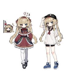  1girl absurdres bare_legs baseball_cap bike_shorts black_shoes black_shorts blonde_hair blood blood_bag blue_eyes blue_shoes blush bow capelet choker commentary cross-shaped_pupils dress drooling full_body hair_ornament hairband hairclip hand_on_headwear hat heart_ornament highres long_pointy_ears medium_dress mijo_(2498359894) mouth_drool neckerchief original pantyhose parallel_hairclips pointy_ears red_bow red_dress red_eyes red_neckerchief shirt shoes shorts simple_background symbol-shaped_pupils vampire vampire_(mijo) white_background white_choker white_pantyhose white_shirt 
