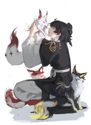  1girl absurdres alternate_costume animal animalization black_bow black_hair bow clothing_request commentary elyzerda english_commentary female_rover_(wuthering_waves) fox from_side hair_bow highres holding holding_animal hsin_(moon_fox)_(wuthering_waves) hsin_(wuthering_waves) looking_at_animal open_mouth profile rover_(wuthering_waves) simple_background smile solo squatting white_background wuthering_waves yellow_eyes 