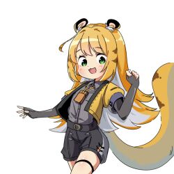  1girl animal_ear_fluff animal_ears blonde_hair blush colored_inner_hair commentary_request cowboy_shot green_eyes jacket ju_fufu korean_commentary long_hair multicolored_hair open_mouth sh17 shirt shorts simple_background solo striped_fur striped_hair tail thigh_strap tiger_ears tiger_girl tiger_stripes tiger_tail white_background white_hair yellow_jacket zenless_zone_zero 