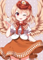  1girl animal_on_head baby_animal bird bird_tail blonde_hair blush breasts chick commentary_request dress egg feathered_wings highres holding holding_egg looking_at_viewer multicolored_hair niwatari_kutaka on_head open_mouth orange_dress pink_dress puffy_short_sleeves puffy_sleeves red_eyes red_hair ruu_(tksymkw) shirt short_sleeves small_breasts smile solo tail touhou two-tone_hair white_shirt wings yellow_wings 