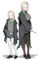  2girls absurdres blonde_hair blush breasts commentary_request dual_persona earrings flat_chest full_body genderswap genderswap_(mtf) green_eyes harry_potter_(series) highres hogwarts_school_uniform holding holding_wand jewelry large_breasts long_hair malfoid multiple_girls necktie nijiko_uro pantyhose robe school_uniform skirt swept_bangs wand white_pantyhose wizarding_world 