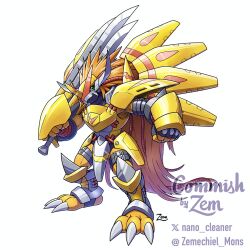  alternate_costume armor colored_skin digimon digimon_(creature) dragon full_body green_eyes helmet holding holding_sword holding_weapon horns muscular orange_skin oridigi red_hair short_hair shoulder_armor shoulder_spikes simple_background spikes sword tail victorygreymon weapon wings yellow_armor zemechiel_mons 