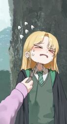  >_< 1girl 1other black_robe blonde_hair blush closed_eyes collared_shirt commentary crying day diagonal-striped_clothes diagonal-striped_necktie earrings flying_sweatdrops furrowed_brow green_necktie hair_behind_ear hand_up harry_potter_(series) head_tilt highres hogwarts_school_uniform holding holding_wand jewelry long_hair malfoid necktie open_clothes open_mouth open_robe outdoors parted_bangs peanut_mouth pointing pointing_at_another pov pov_hands robe scared school_uniform shirt sidelocks sleeves_past_wrists solo_focus straight_hair striped_clothes striped_necktie tears upper_body wand white_shirt wizarding_world yukiho_(69865456) 