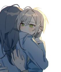  2girls absurdres black_hair blue_jacket commentary commentary_request from_behind green_eyes grey_hair hair_between_eyes hands_on_another's_back highres hinomori_shiho hood hood_down hoodie hoshino_ichika_(project_sekai) hug jacket long_hair long_sleeves multiple_girls oo_oo903 project_sekai short_hair sweatdrop tears untranslatable_commentary white_background white_hoodie 