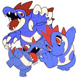  artist_name blue_skin claws closed_mouth colored_skin croconaw evolutionary_line feraligatr full_body highres looking_at_viewer mamebato no_humans open_mouth pokemon pokemon_(creature) pokemon_focus red_eyes sharp_teeth slit_pupils tail teeth totodile white_background 