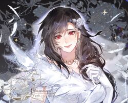 1girl alternate_costume artist_name black_hair braid breasts bride dress earrings elbow_gloves english_commentary falling_feathers feather-trimmed_dress feathers final_fantasy final_fantasy_vii final_fantasy_vii_remake glint gloves highres hora_k jewelry large_breasts lips long_hair looking_at_viewer necklace pink_lips red_eyes single_braid smile solo sparkle tifa_lockhart upper_body veil wedding_dress white_dress white_feathers white_gloves 