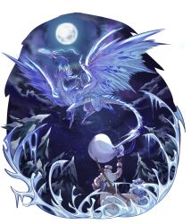  1boy 1girl absurdres armor aurora blue_scales brown_gloves christmas coat crown direwolf_(armor) dragon flying full_moon fur-trimmed_coat fur_trim gift gloves hat highres holding holding_gift horns ice jellyfish lanmizu2002 monster_hunter:_world monster_hunter_(character) monster_hunter_(series) monster_hunter_world:_iceborne moon night open_mouth outdoors sack sharp_tail slinger_(monster_hunter) star_(sky) sword sword_on_back tail tree ushanka veil velkhana velkhana_(armor) waving weapon weapon_on_back winter winter_clothes wintermoon_nettle yellow_eyes 