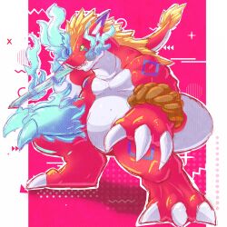  absurdres digimon digimon_(creature) digimon_eggs dragon dragon_horns highres holding holding_sword holding_weapon horns red_scales rope sekiryumon sword weapon youwantstars 
