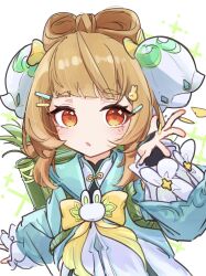  1girl :o aqua_dress blunt_bangs bow bow-shaped_hair bowtie brown_eyes brown_hair chinese_clothes dress flower genshin_impact hair_ornament hairclip highres layered_dress long_sleeves looking_at_viewer medium_hair nekot0_sabu official_alternate_costume open_mouth sidelocks simple_background white_background yaoyao_(genshin_impact) yaoyao_(rainlit_bamboo_reverie)_(genshin_impact) yellow_bow yellow_bowtie 