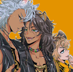  3boys 7skk animal_ears black_jacket blonde_hair blue_eyes brown_hair commentary_request dark-skinned_male dark_skin fangs green_eyes grey_hair highres hyena_boy hyena_ears jack_howl jacket leather leather_jacket leona_kingscholar lion_boy lion_ears looking_at_another male_focus multiple_boys open_clothes open_jacket ruggie_bucchi savanaclaw_dorm savanaclaw_dorm_uniform scar scar_across_eye scar_on_face simple_background twisted_wonderland upper_body wolf_boy wolf_ears yellow_background 
