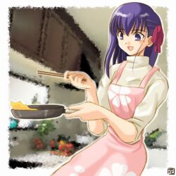  1girl 2000s_(style) apron bad_id bow chopsticks commentary_request cooking cowboy_shot fate/stay_night fate_(series) food frying_pan hair_bow hana_(hana_mo_arashi_mo) holding holding_chopsticks holding_frying_pan indoors kitchen long_hair matou_sakura omelet open_mouth pink_apron purple_hair red_bow shirt single_sidelock sleeves_rolled_up smile solo turtleneck turtleneck_shirt violet_eyes white_shirt 