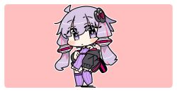  1girl ahoge bare_shoulders black_jacket blush_stickers border chibi chibi_only closed_mouth criss-cross_halter dress full_body hair_between_eyes hair_ornament halter_dress halterneck ini_(inunabe00) jacket long_sleeves looking_at_viewer no_shoes off_shoulder open_clothes open_jacket outline outside_border pink_background purple_dress purple_hair purple_thighhighs short_hair_with_long_locks sidelocks simple_background solo standing thigh-highs violet_eyes vocaloid voiceroid white_border white_outline yuzuki_yukari zettai_ryouiki 