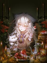  1girl absurdres animal_ears antenna_hair arknights black_bow black_bowtie black_dress blue_bow blue_bowtie bow bowtie brooch cake cake_slice candle candlelight candlestand cherry commentary cup cupcake dot_nose dress drop_shadow flower flower_brooch food food_on_face fork fruit grey_eyes grey_hair hair_between_eyes hair_ornament hairclip hand_up highres holding holding_fork holding_stuffed_toy indoors jack-o'-lantern jewelry lappland_(arknights) lappland_(young)_(arknights) light_blush long_hair long_sleeves looking_at_viewer open_mouth parallel_hairclips plate puffy_long_sleeves puffy_sleeves pumpkin red_flower red_rose rose sidelocks solo sshumolly stuffed_toy stuffed_wolf teacup teapot untranslatable_commentary upper_body whipped_cream wolf_ears wolf_girl 