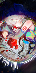  1girl absurdres apple aqua_hair arm_tattoo audio_visualizer chinese_commentary closed_mouth commentary_request dark_background detached_sleeves food from_side fruit gradient_hair hair_between_eyes hatsune_miku headset highres iridescent iridescent_clothes koi_hh long_hair lying multicolored_hair musical_note number_tattoo on_side rainbow_gradient shadow shirt single_bare_shoulder sleeping sleeveless sleeveless_shirt solo spotlight tattoo twintails upper_body very_long_hair vocaloid wide_sleeves 