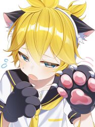  1004_tanpopo 1boy animal_ears animal_hands aqua_eyes black_sailor_collar black_sleeves blonde_hair blush cat_ears cat_paws collarbone commentary_request detached_sleeves embarrassed fake_animal_ears fang hair_between_eyes highres kagamine_len looking_at_viewer necktie open_mouth sailor_collar shirt short_hair short_sleeves simple_background solo sweatdrop upper_body vocaloid white_background white_shirt yellow_necktie yellow_trim 