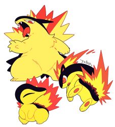  artist_name closed_eyes colored_skin cyndaquil evolutionary_line fangs fiery_hair fire flame-tipped_tail from_behind full_body highres mamebato no_humans open_mouth pokemon pokemon_(creature) pokemon_focus quilava red_eyes signature simple_background tail two-tone_fur typhlosion white_background yellow_fur 