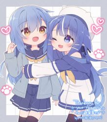  2girls :d ;d animal_ear_fluff animal_ears animal_hat beret black_thighhighs blue_eyes blue_hair blue_sailor_collar blue_skirt blush border brown_eyes cardigan commentary_request commission fake_animal_ears grey_border grey_cardigan grid_background hair_between_eyes hair_ornament hairclip hat heart hood hood_down hooded_jacket hug jacket long_hair long_sleeves multicolored_hair multiple_girls neckerchief nia_(ayanepuna) off_shoulder one_eye_closed open_cardigan open_clothes original pleated_skirt puffy_long_sleeves puffy_sleeves sailor_collar school_uniform serafuku shirt skeb_commission skirt sleeves_past_wrists smile streaked_hair tail thigh-highs very_long_hair white_background white_hair white_hat white_jacket white_shirt yellow_neckerchief yuune_(ayanepuna) 