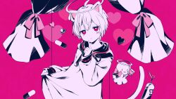  1boy animal_ears barcode barcode_tattoo candy cat_boy cat_ears cat_tail cheek_tattoo commentary_request curtains darling_dance_(vocaloid) dot_nose double-parted_bangs drawstring dripping_eye falling_pills food gomano_rio halo hand_up heart heart-shaped_food heart-shaped_lollipop heart-shaped_pupils holding holding_candy holding_food holding_hoodie holding_lollipop hood hood_down hoodie index_finger_raised indie_utaite kemonomimi_mode lollipop looking_at_viewer mafumafu mafuteru male_focus melting_halo official_art pink_background red_eyes shaped_lollipop short_hair simple_background sleeves_past_wrists symbol-shaped_pupils tail tattoo tied_drawstring upper_body utaite white_hair white_halo white_hoodie 