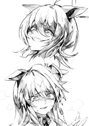  2girls :d absurdres agnes_tachyon_(umamusume) ahoge animal_ears commentary_request crazy_grin crazy_smile cropped_head crying crying_with_eyes_open ears_down greyscale grin hair_between_eyes hasukurira highres horse_ears horse_girl huge_ahoge long_hair looking_at_viewer medium_hair monochrome multiple_girls open_mouth smile tears umamusume verxina_(le_beau_sommet)_(umamusume) verxina_(umamusume) 