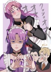  1girl 2boys angry animal_ears apron aroused_nosebleed before_and_after bell black_choker black_dress black_eyes black_hair blonde_hair blood blush border cat_ears choker clenched_hand clenched_teeth collared_shirt commentary_request corruption covered_mouth covering_own_mouth curtained_hair dress embarrassed enmaided fake_animal_ears frilled_wrist_cuffs frills fuala_griffon gundam hair_bell hair_ornament halo hand_up head_chain heart heart_hands highres jacket jewelry jingle_bell lipstick long_hair looking_at_viewer maid maid_apron maid_headdress makeup metchet_rubence multiple_boys neck_bell necktie nosebleed outside_border pink_dress pink_hair purple_hair red_jacket red_lips red_necktie shaded_face shirt short_hair signature standing tairanokomemor tassilo_vago teeth traditional_halo translated very_short_hair victory_gundam white_apron white_border white_shirt wrist_cuffs yellow_halo zanscare 