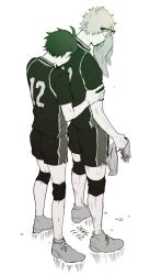  2boys commentary dated from_above full_body haikyuu!! height_difference holding holding_towel karasuno_volleyball_uniform knee_pads male_focus multiple_boys short_hair shorts simple_background standing sweat towel tsukishima_kei white_background yamaguchi_tadashi zkakq 
