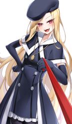  1girl :d absurdres beret black_coat black_gloves black_hat black_pantyhose blonde_hair buttons casul coat commentary commission cowboy_shot double-breasted eiyuu_densetsu elbow_gloves english_commentary fangs floating_hair gloves hand_on_own_hip hat head_tilt highres holding holding_leash jewelry leash long_hair looking_at_viewer medallion necklace official_alternate_costume pantyhose parted_bangs petite red_eyes roselia_millstein sen_no_kiseki_(series) sen_no_kiseki_iv simple_background smile solo thick_eyelashes tsurime v-shaped_eyebrows very_long_hair white_background 