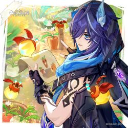  1boy absurdres black_gloves blue_eyes commentary copyright_name day electro_symbol_(genshin_impact) english_commentary fingerless_gloves fingernails from_behind genshin_impact gloves hair_over_one_eye hands_up highres holding holding_paper looking_at_animal looking_to_the_side male_focus official_art ororon_(genshin_impact) outdoors paper parted_lips pointing purple_hair solo upper_body vision_(genshin_impact) 
