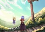 arm_behind_back blonde_hair eyes hand_on_hat hat kouzilow long_skirt moriya_suwako morning multiple_girls purple_hair pyonta scenery short_hair skirt sky stairs standing standing_on_one_leg sunlight thigh-highs thighhighs torii touhou yasaka_kanako