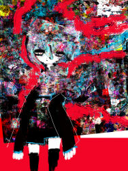  1girl abstract abstract_background absurdres closed_mouth commentary cowboy_shot facing_ahead facing_viewer half-closed_eyes hatsune_miku highres hilty sideways_glance solo vocaloid 