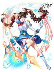  1girl artist_request blue_eyes boots breasts broom broom_riding brown_hair gloves highres holding holding_wand kabushikigaisha_magi-lumiere long_hair looking_at_viewer mahou_tsukai_to_kuroneko_no_wiz medium_breasts neckerchief official_art red_neckerchief solo standing standing_on_one_leg twintails wand white_background white_boots white_gloves 