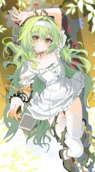  1girl absurdres bracelet choker closed_mouth commentary_request dress flat_chest frilled_dress frills full_body green_hair grey_shoes hair_between_eyes hairband highres jewelry leaf light_blush long_hair looking_at_viewer original shoes short_sleeves solo spiked_bracelet spikes tablet_pc thigh-highs thorns very_long_hair white_dress white_hairband white_thighhighs yellow_eyes youmeng33 