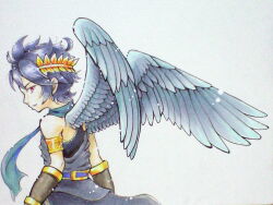  1boy ahoge angel angel_wings black_hair chikori_no_happa commentary_request dark_pit green_scarf kid_icarus kid_icarus_uprising laurel_crown looking_back red_eyes scarf simple_background solo white_background wings 
