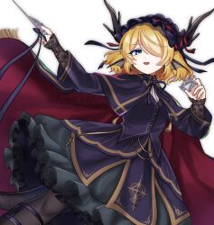  1girl alice_margatroid alternate_costume blonde_hair blue_eyes brown_pantyhose cape commentary_request dragon_horns fins frilled_hairband frills green_skirt hair_over_one_eye hairband head_fins highres horns knhb_lw long_sleeves looking_at_viewer medium_hair neck_ribbon open_mouth pantyhose purple_cape purple_hairband purple_ribbon purple_vest red_cape ribbon simple_background skirt smile solo touhou touhou_lostword two-sided_cape two-sided_fabric vest white_background 