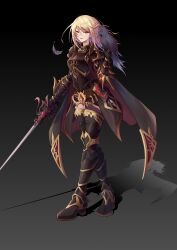 1girl absurdres armor belt bird bird_on_hand black_armor black_background black_bird black_cape black_feathers black_gloves black_overskirt blonde_hair book brown_belt cape chinese_commentary commentary_request crossed_legs crow cuisses falling_feathers fantasy feathers floating_cape floating_hair full_body gloves gradient_background greaves grimoire highres holding holding_sword holding_weapon knight leather_belt long_hair meng_qian_guang original overskirt parted_lips pauldrons plate_armor poleyn purple_cape rapier red_eyes sabaton shoulder_armor sidelocks simple_background smile solo spiked_couter standing sword two-sided_cape two-sided_fabric vambraces weapon